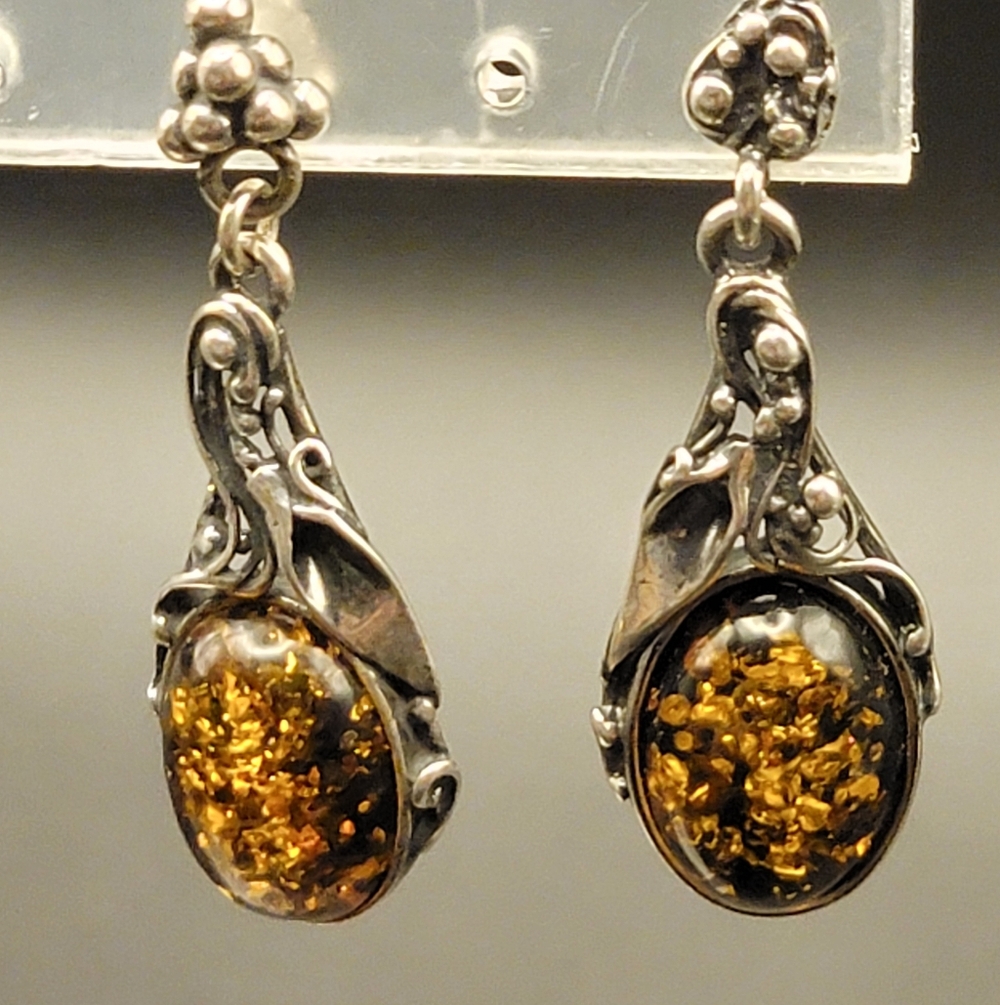 Art Nouveau Signed Poland GRA 925 Sterling Silver and Baltic Amber Drop Earrings